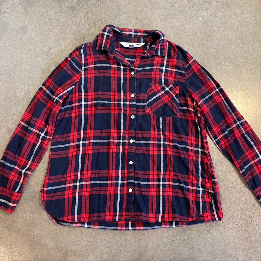 Old Navy Red Blue plaid flannel holiday cotton Button down shirt mens large slim